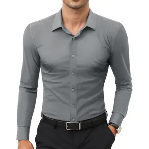 Men Silver Long Sleeve Slim Muscle Fit Wrinkle Free Button Down Dress Shirts