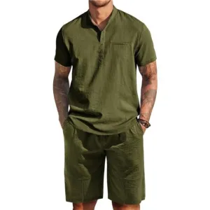 Men's 2 Piece Linen Set Short Sleeve Henley Shirts and Shorts Summer Set