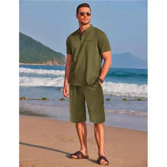 Men's 2 Piece Linen Set Short Sleeve Henley Shirts and Shorts Summer Set