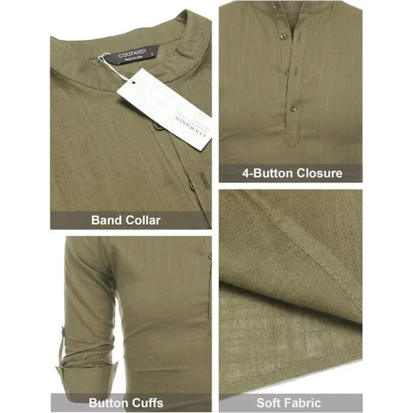 Men's Army Green Cotton Linen Henley Shirt Long Sleeve Casual Beach T Shirts