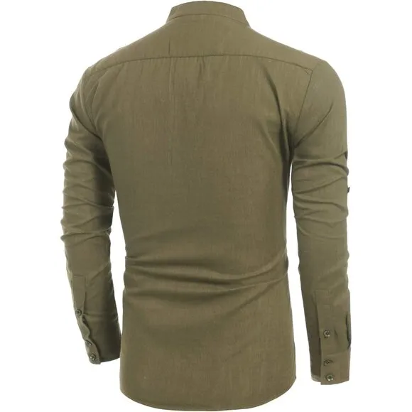 Men's Army Green Cotton Linen Henley Shirt Long Sleeve Casual Beach T Shirts