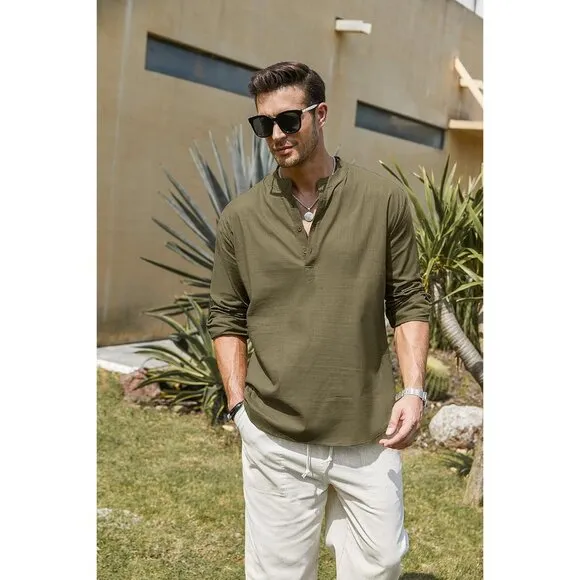 Men's Army Green Cotton Linen Henley Shirt Long Sleeve Casual Beach T Shirts
