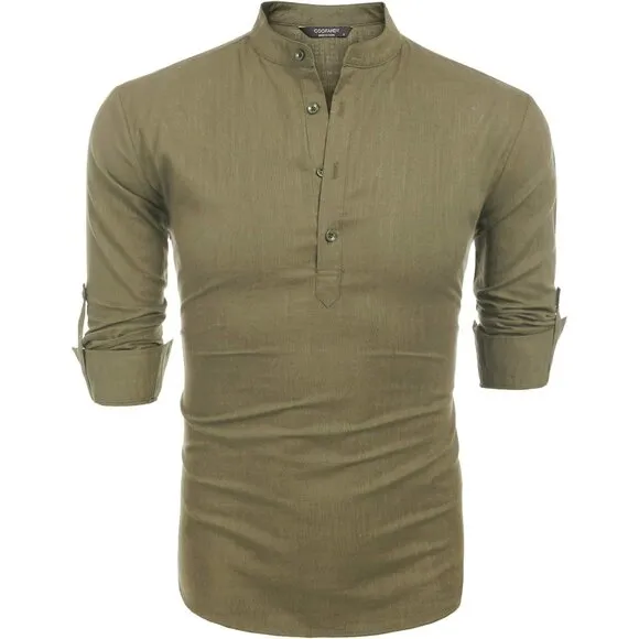 Men's Army Green Cotton Linen Henley Shirt Long Sleeve Casual Beach T Shirts
