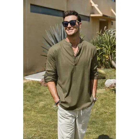 Men's Army Green Cotton Linen Henley Shirt Long Sleeve Casual Beach T Shirts