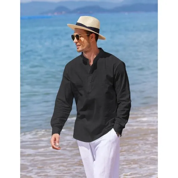 Men's Black Cotton Linen Henley Shirt Long Sleeve Casual Beach T Shirts