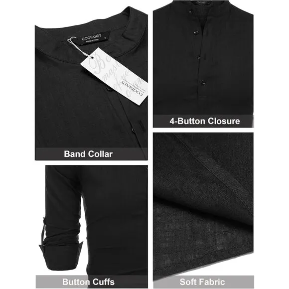 Men's Black Cotton Linen Henley Shirt Long Sleeve Casual Beach T Shirts