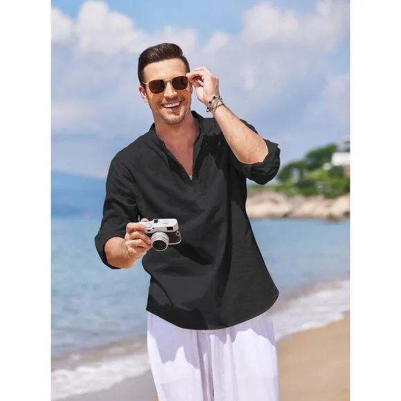 Men's Black Cotton Linen Henley Shirt Long Sleeve Casual Beach T Shirts