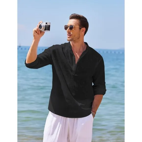 Men's Black Cotton Linen Henley Shirt Long Sleeve Casual Beach T Shirts