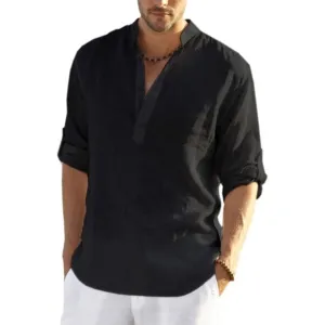 Men's Black Cotton Linen Henley Shirt Long Sleeve Casual Beach T Shirts