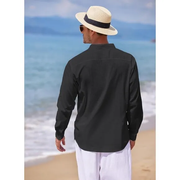 Men's Black Cotton Linen Henley Shirt Long Sleeve Casual Beach T Shirts