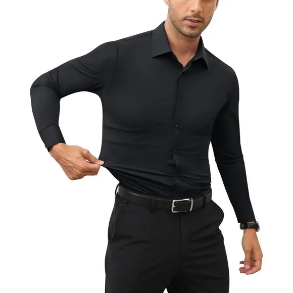 Men's Black Long Sleeve Slim Muscle Fit Wrinkle Free Button Down Dress Shirts