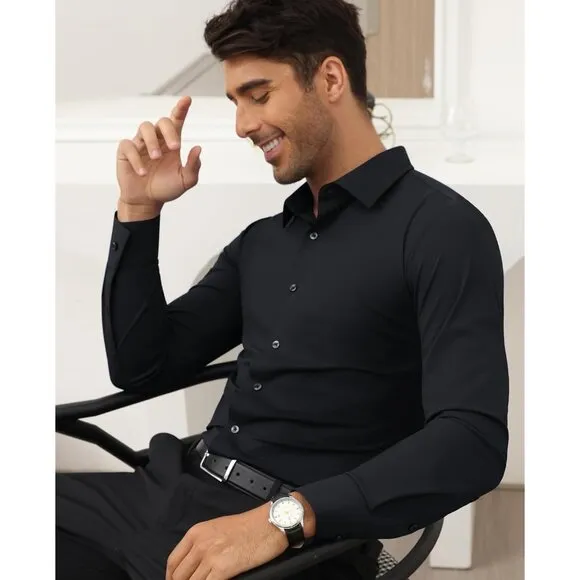 Men's Black Long Sleeve Slim Muscle Fit Wrinkle Free Button Down Dress Shirts