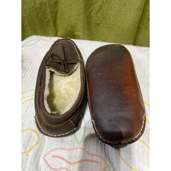 Men's Brown Leather &amp; Shearling Lined Moccasin Slippers 10