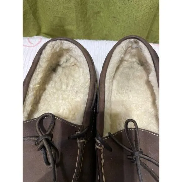 Men's Brown Leather &amp; Shearling Lined Moccasin Slippers 10