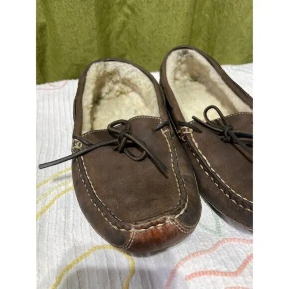 Men's Brown Leather &amp; Shearling Lined Moccasin Slippers 10