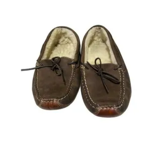 Men's Brown Leather &amp; Shearling Lined Moccasin Slippers 10