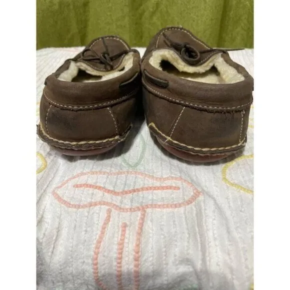 Men's Brown Leather &amp; Shearling Lined Moccasin Slippers 10