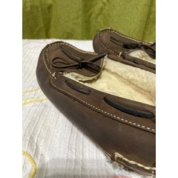 Men's Brown Leather &amp; Shearling Lined Moccasin Slippers 10