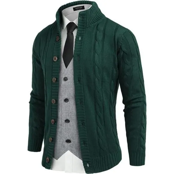Men's Cardigan Sweater Slim Fit Stand Collar Cardigan Casual, Green