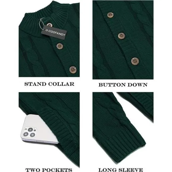 Men's Cardigan Sweater Slim Fit Stand Collar Cardigan Casual, Green