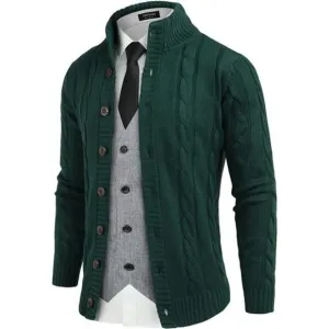 Men's Cardigan Sweater Slim Fit Stand Collar Cardigan Casual, Green
