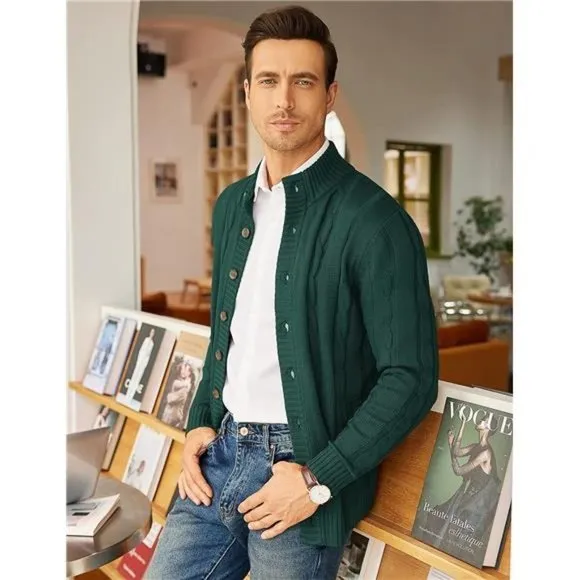 Men's Cardigan Sweater Slim Fit Stand Collar Cardigan Casual, Green