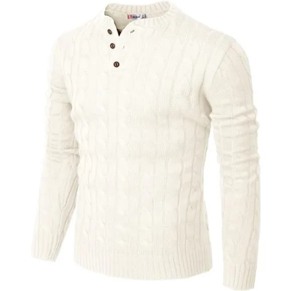 Men's Casual Slim Fit Pullover Sweaters Long Sleeve Cable Knitted Sweater, White