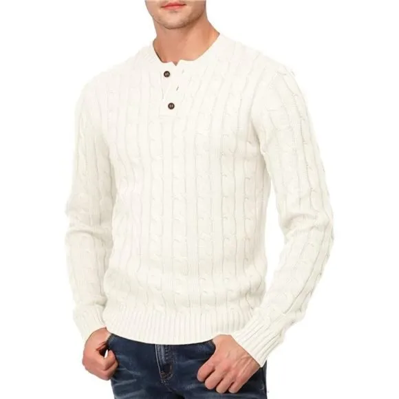 Men's Casual Slim Fit Pullover Sweaters Long Sleeve Cable Knitted Sweater, White