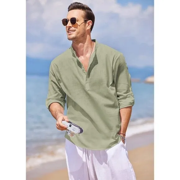 Men's Cotton Linen Henley Shirt Long Sleeve Casual Beach T Shirts Light Green