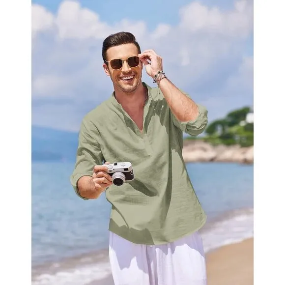 Men's Cotton Linen Henley Shirt Long Sleeve Casual Beach T Shirts Light Green