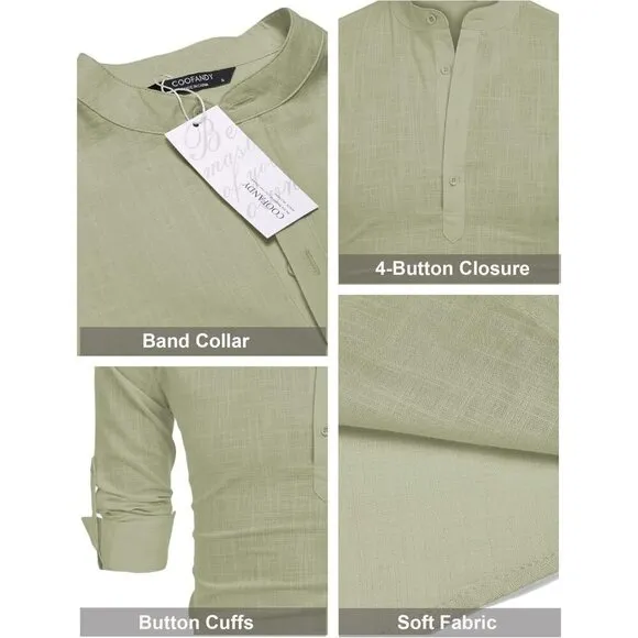 Men's Cotton Linen Henley Shirt Long Sleeve Casual Beach T Shirts Light Green