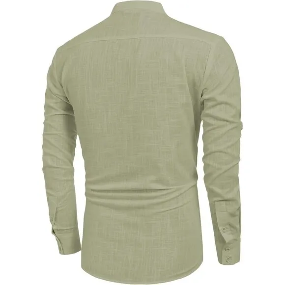 Men's Cotton Linen Henley Shirt Long Sleeve Casual Beach T Shirts Light Green