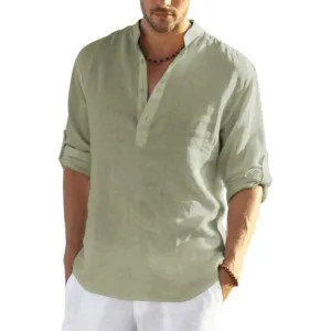 Men's Cotton Linen Henley Shirt Long Sleeve Casual Beach T Shirts Light Green