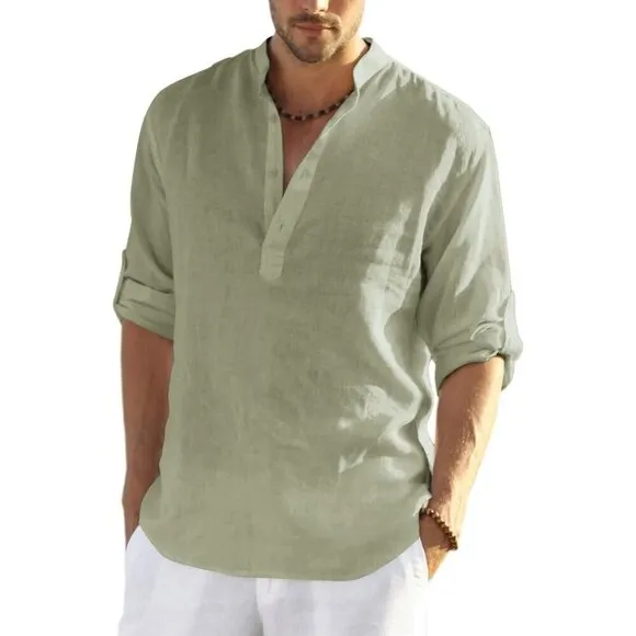 Men's Cotton Linen Henley Shirt Long Sleeve Casual Beach T Shirts Light Green