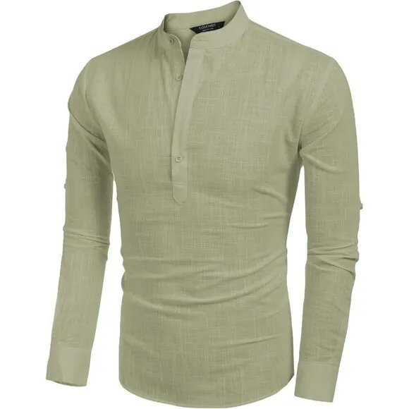 Men's Cotton Linen Henley Shirt Long Sleeve Casual Beach T Shirts Light Green