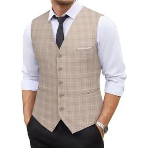 Men's Dress Suit Vest Slim Fit Khaki Plaid
