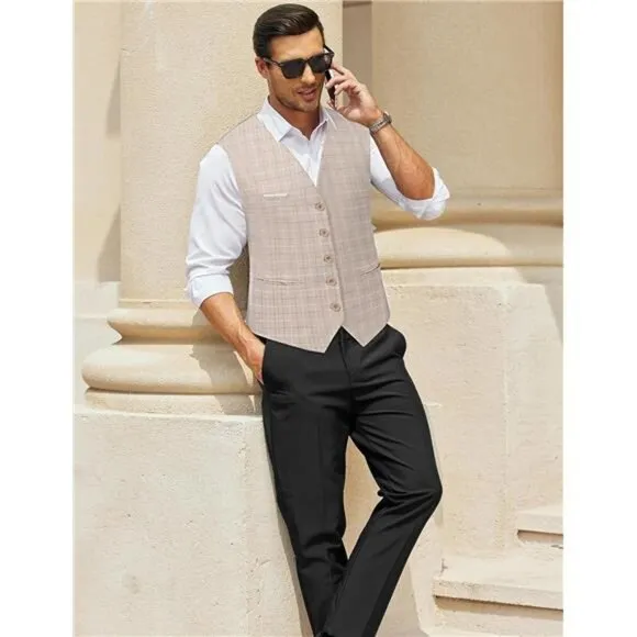 Men's Dress Suit Vest Slim Fit Khaki Plaid
