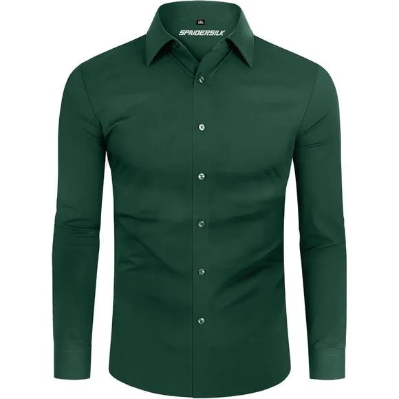 Men's Green Long Sleeve Slim Muscle Fit Wrinkle Free Button Down Dress Shirts
