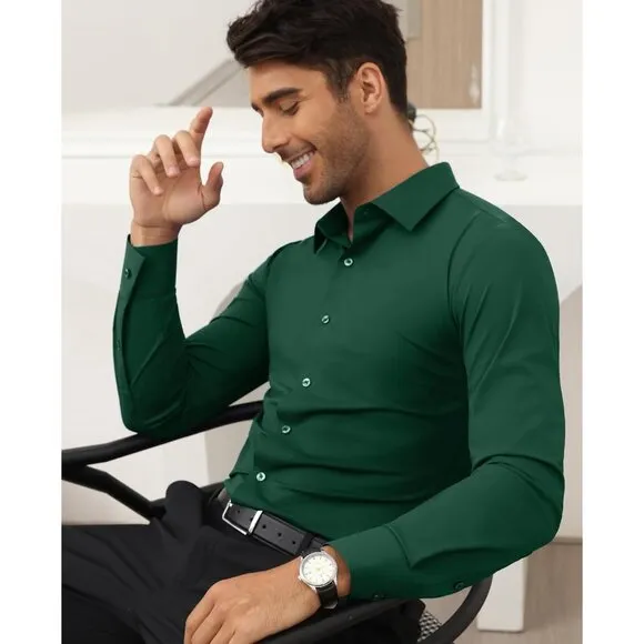 Men's Green Long Sleeve Slim Muscle Fit Wrinkle Free Button Down Dress Shirts