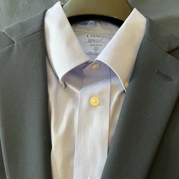 Men’s J. M. Haggar Slim Fit Navy Blue Suit and Chaps Dress Shirt.
