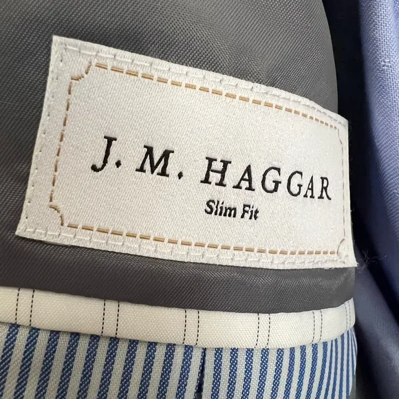 Men’s J. M. Haggar Slim Fit Navy Blue Suit and Chaps Dress Shirt.