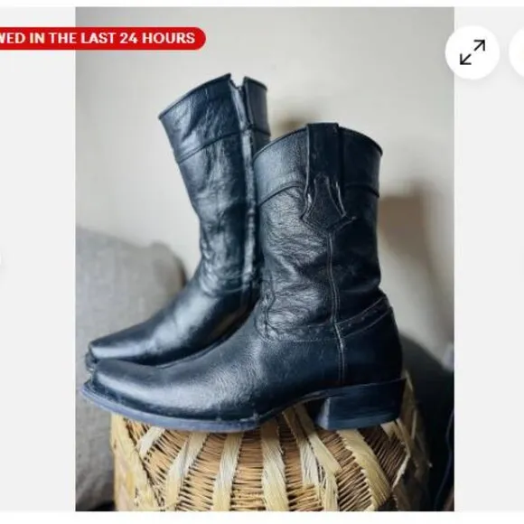 Mens Reyme Black Leather Cowboy Boots Sz 9 side zipper
