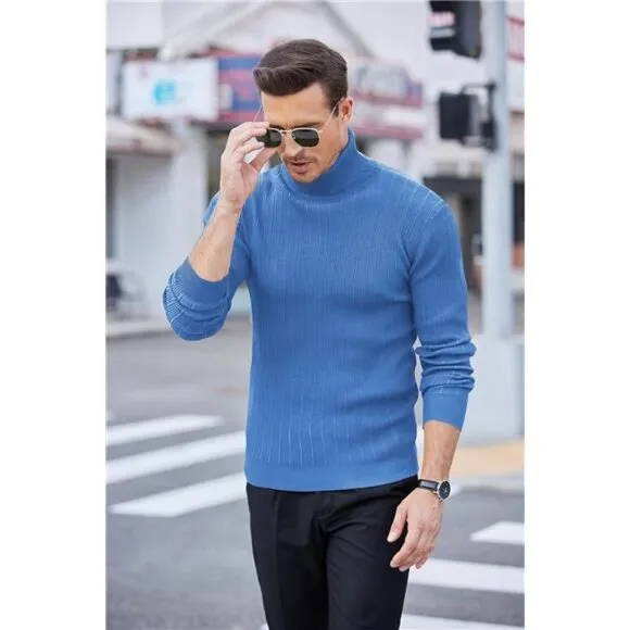 Men's Slim Fit Turtleneck Sweater Pullover Blue