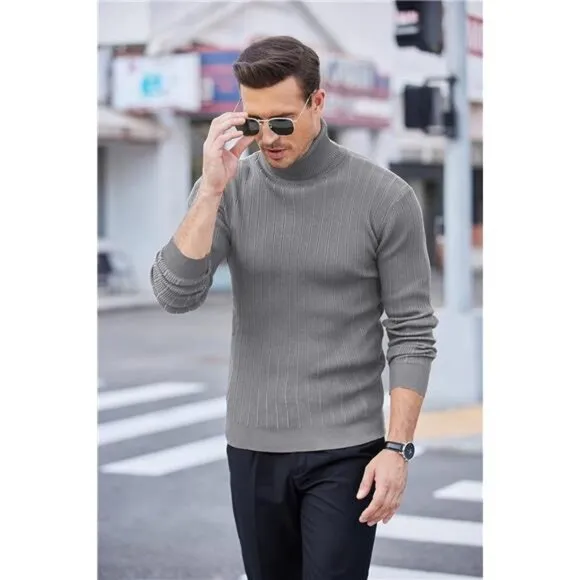 Men's Slim Fit Turtleneck Sweater Pullover Grey