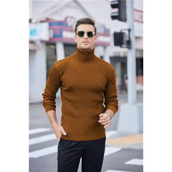 Men's Slim Fit Turtleneck Sweater Pullover Orange Brown
