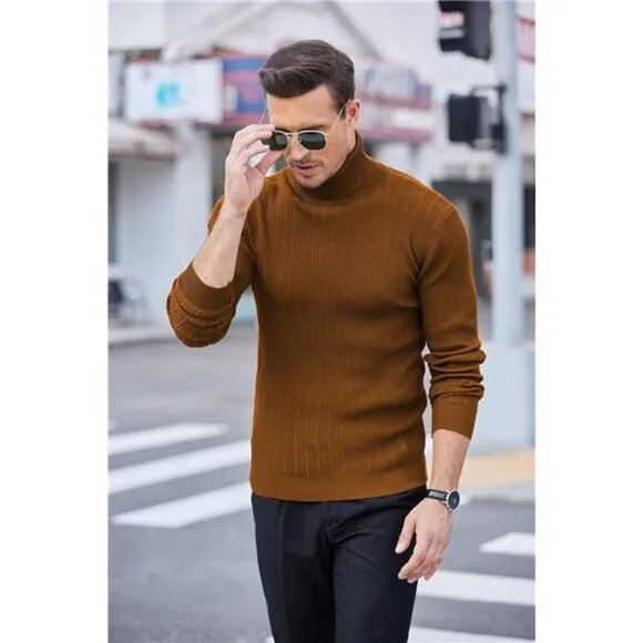 Men's Slim Fit Turtleneck Sweater Pullover Orange Brown