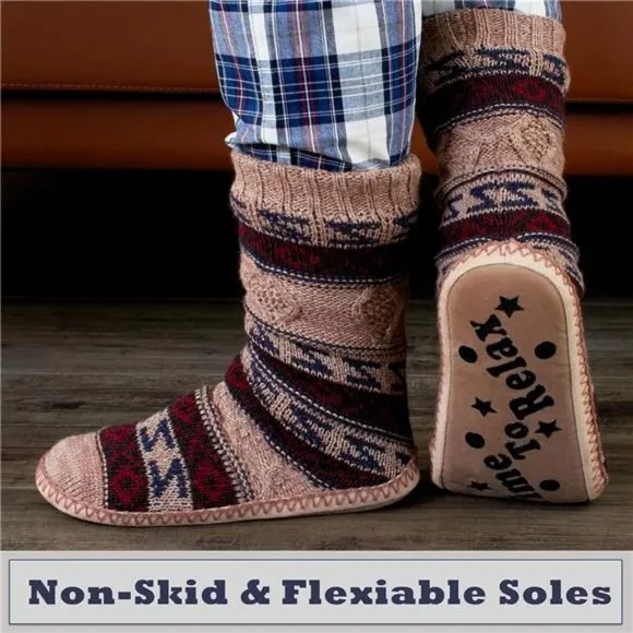 Men's Slipper Socks Fleece Lined Non-skid Soles, Knitted Warm Fuzzy House Shoes