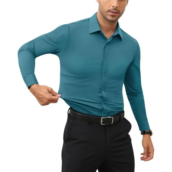 Men's Turquoise Long Sleeve Slim Muscle Fit Wrinkle Free Button Down Dress Shirt