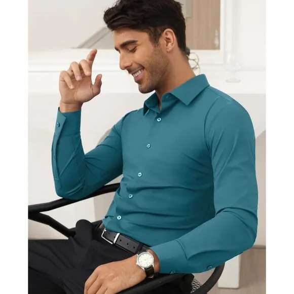 Men's Turquoise Long Sleeve Slim Muscle Fit Wrinkle Free Button Down Dress Shirt