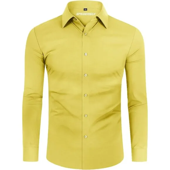 Men's Yellow Long Sleeve Slim Muscle Fit Wrinkle Free Button Down Dress Shirts